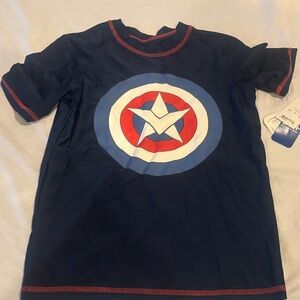 Marvel Boys Navy Blue Captain Shield Short Sleeve swim  Top